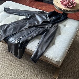 GIMOS GMS-75 Grey Leather Long Virgin Wool Lined Frilled Hem Coat Size Medium